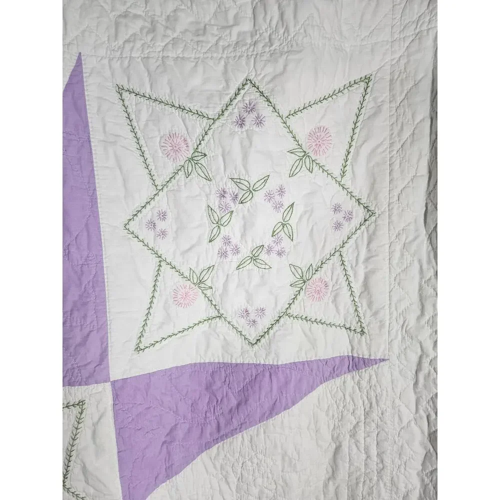 Vintage Handmade Embroidered Starburst Quilt 76x74 Purple White Full Size